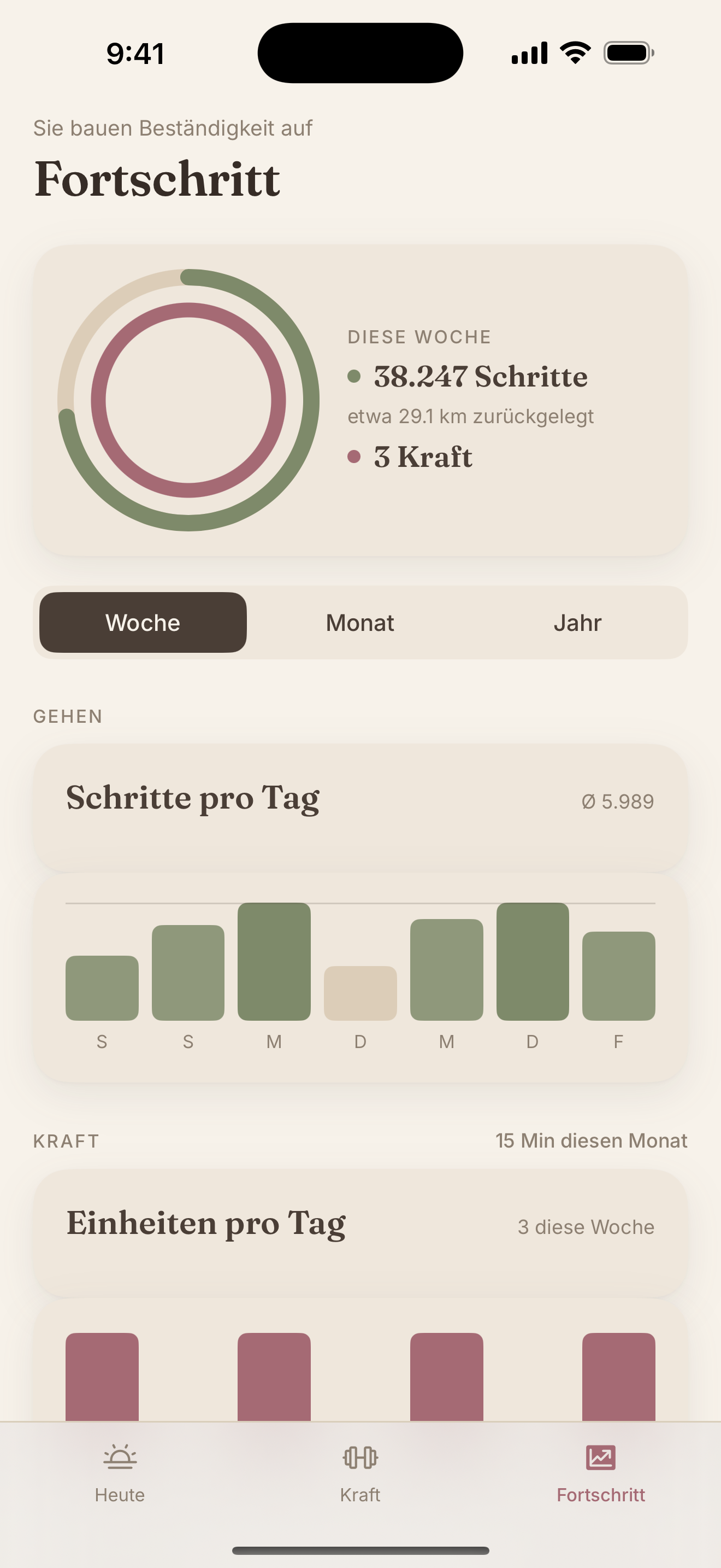 Fortschritts-Bildschirm mit den Schritten dieser Woche, dem Wochenvergleich und einem täglichen Balkendiagramm mit Ziellinie