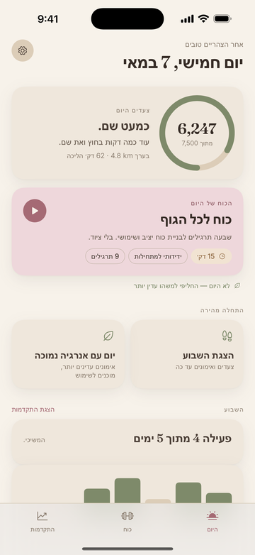 ‏מסך היום של StrongDay 40+ עם צעדים, אימון הכוח של היום ואפשרויות התחלה מהירה