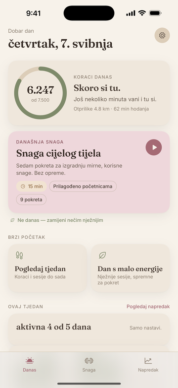 Zaslon Danas StrongDay 40+ s koracima, današnjom vježbom snage i opcijama brzog početka