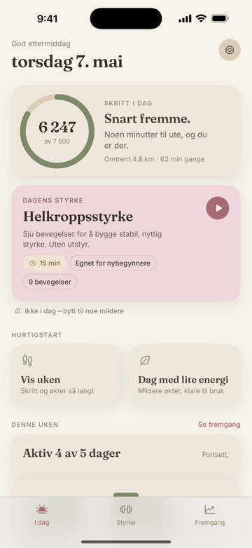 StrongDay 40+ I dag-skjerm med skritt, dagens styrkeøkt og hurtigstartvalg
