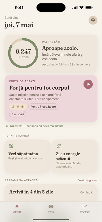 Ecranul Astăzi din StrongDay 40+ cu pași, sesiunea de forță a zilei și opțiuni de start rapid
