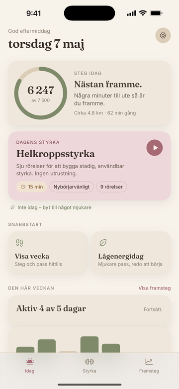 StrongDay 40+ Idag-skärm med steg, dagens styrkepass och snabbstartsalternativ