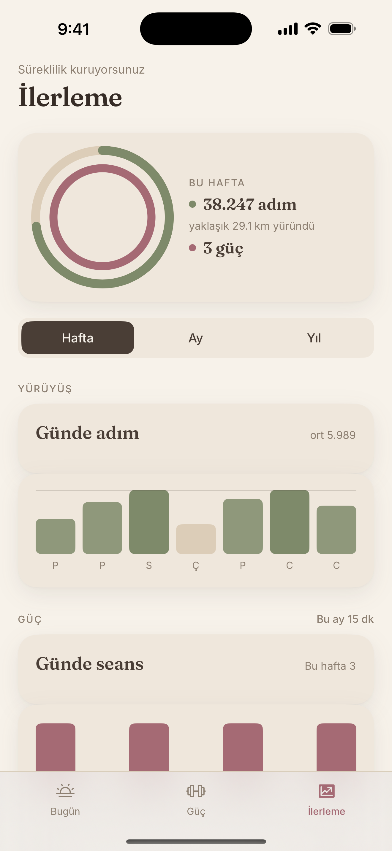 Bu haftanın adımlarını, haftadan haftaya karşılaştırmayı ve hedef çizgili günlük çubuk grafiğini gösteren İlerleme ekranı
